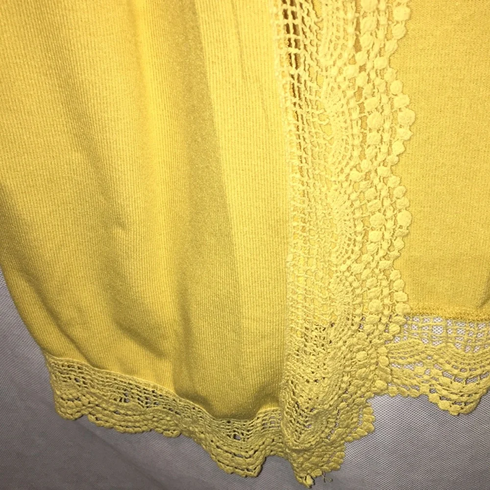 Tickled Teal Lace Trim Open Front Below The Knee Cardigan | Mustard Yellow | M